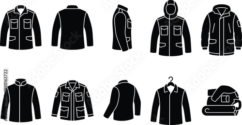 Set von schwarzen Symbolen, die verschiedene Arten von Jacken und Mänteln darstellen.