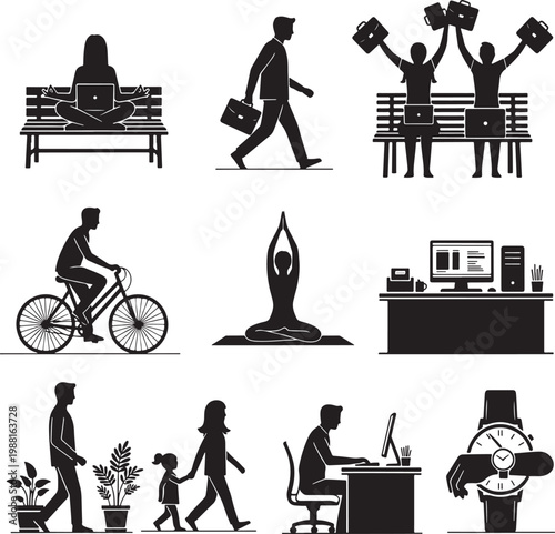 Work life balance icon set, black silhouette business people vector, office employee wellness and daily routine symbols, professional lifestyle icons