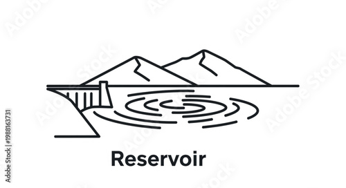 Reservoir with mountains and dam illustration.