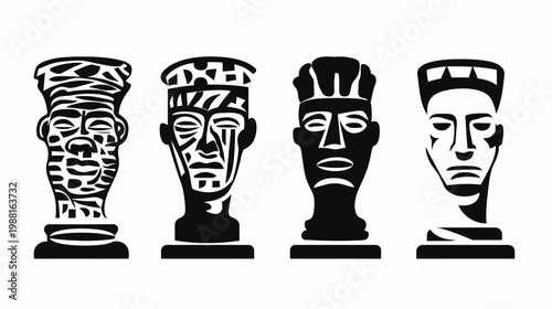 Four stylized, black and white busts or sculptures with abstracted features and varying headwear
