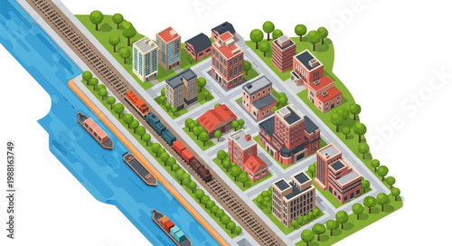 Isometric Cityscape with River and Train.