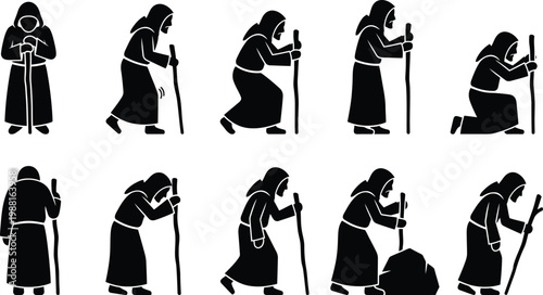 Vektor-Set von Silhouetten eines alten, gebückten Mannes mit Kapuze und Stock in verschiedenen Posen.