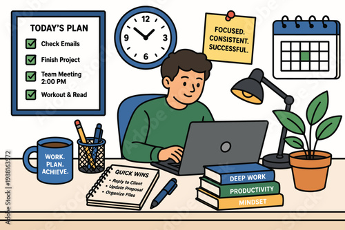 A focused individual managing a productive workday plan and workspace