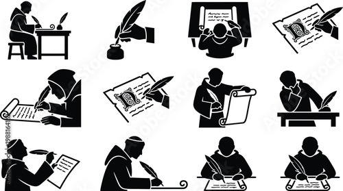 Eine Sammlung von schwarzen Silhouetten-Symbolen, die mittelalterliche Mönche beim Schreiben mit Federkielen zeigen.