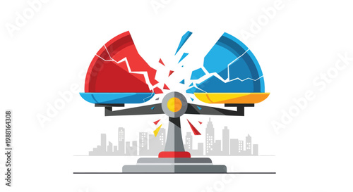 Broken pie chart scale with red and blue segments over city skyline