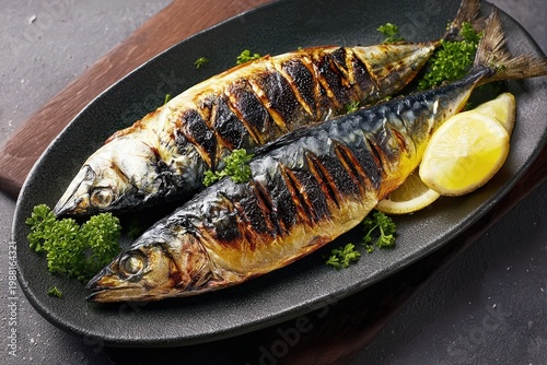 Grilled mackerel fish served with lemon and parsley on a plate, roasted saba with crispy skin, healthy seafood dinner, omega-3 rich food