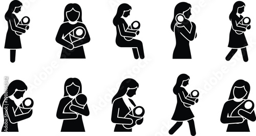 Eine Sammlung von Piktogrammen, die eine Mutter in verschiedenen Posen zeigt, wie sie ihr Baby hält und pflegt.