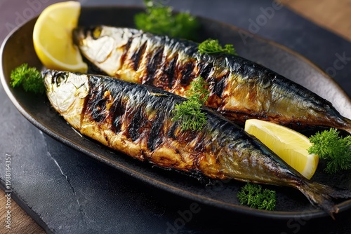 Grilled mackerel fish served with lemon and parsley on a plate, roasted saba with crispy skin, healthy seafood dinner, omega-3 rich food