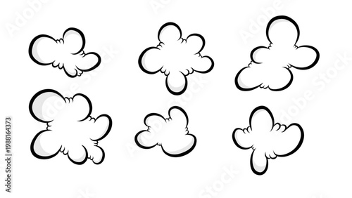 Set of six cartoon cloud puffs in a sketch style, isolated on white background