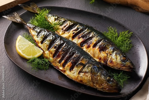 Grilled mackerel fish served with lemon and parsley on a plate, roasted saba with crispy skin, healthy seafood dinner, omega-3 rich food