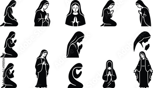 Sammlung von schwarzen Silhouetten und Piktogrammen der betenden Jungfrau Maria in verschiedenen Posen.