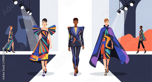 Fashion models walking on a runway during a stylish show.