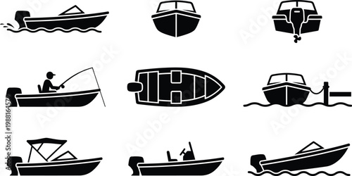 Sammlung von schwarzen Motorboot-Symbolen und Silhouetten aus verschiedenen Perspektiven.