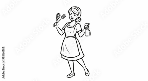 Woman in apron holds cleaning spray and kitchen utensils