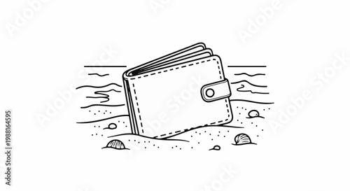 Wallet lost in the sand with seashell details and wavy water lines