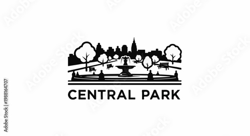 Stylized park scene with fountain, trees, benches, people, and city skyline