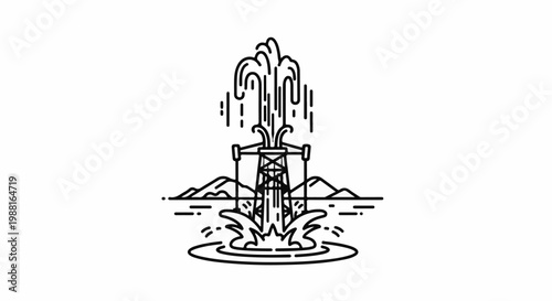 Stylized oil rig erupting with water and mountains in background