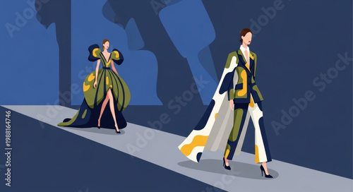 Fashion models walking on runway during a stylish fashion show event.