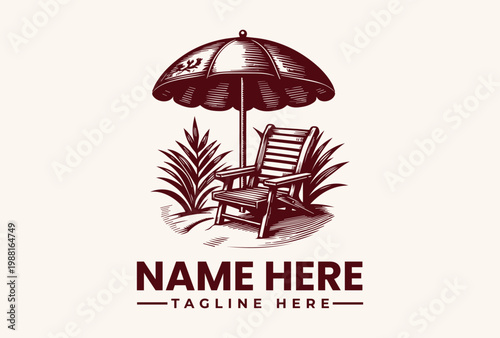 A monochromatic illustration of a beach chair and umbrella with tropical leaves on a beige background, featuring placeholder text for a logo or brand name.