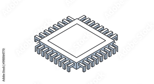 A microchip with pins on a white background.