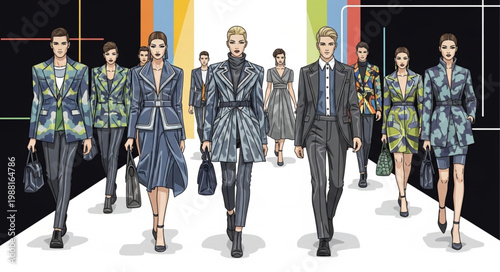 Fashion models walking on runway during a fashion show event.