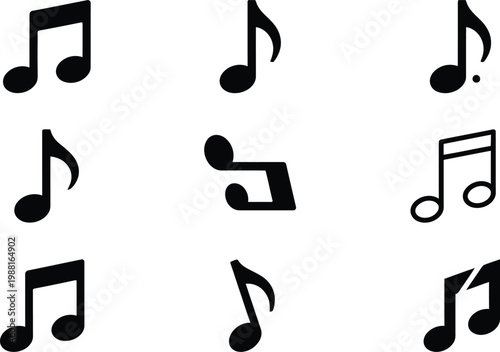 Eine Sammlung von neun verschiedenen schwarzen Musiknoten-Symbolen, isoliert auf einem weißen Hintergrund.