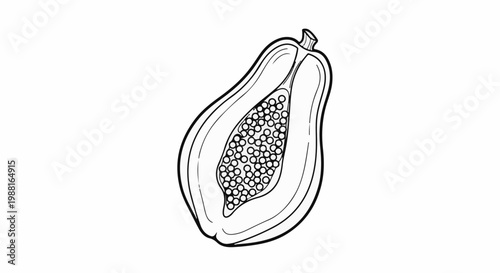 A simple black and white line drawing of a halved papaya with seeds