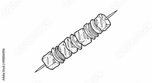 A simple black and white sketch of a skewer of cubed meat
