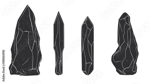 Black and white illustration of four rock crystals of various shapes and sizes