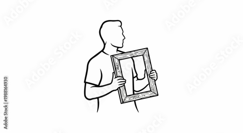 Stylized person holding an empty wooden picture frame with art inside
