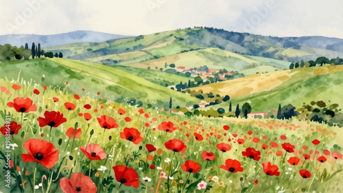 A vibrant watercolor painting of a hillside covered in red poppies