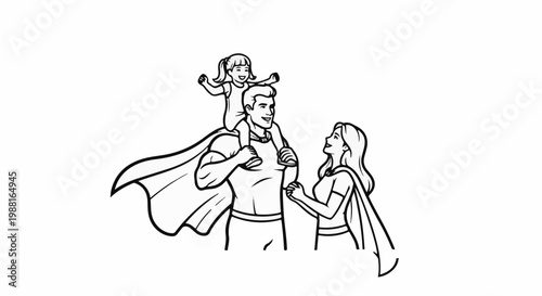 A superhero family poses with the father carrying a child on his shoulders