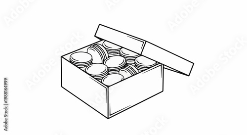 A simple line drawing of an open box filled with stacks of coins