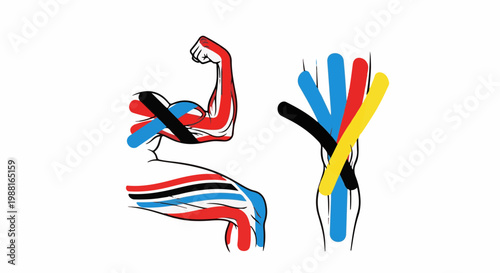 Muscular arm and knee with colored tape