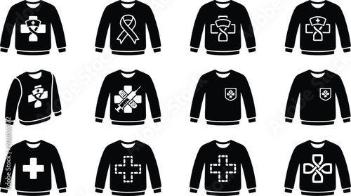 Sammlung von schwarzen Pullovern mit verschiedenen weißen medizinischen Kreuzsymbolen als Vektor-Icons.