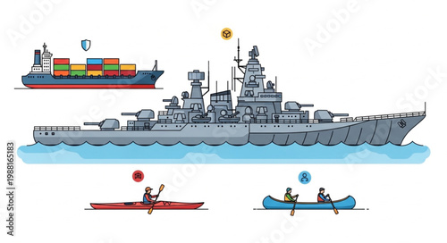 Modern cargo ship and vintage battleship illustration.