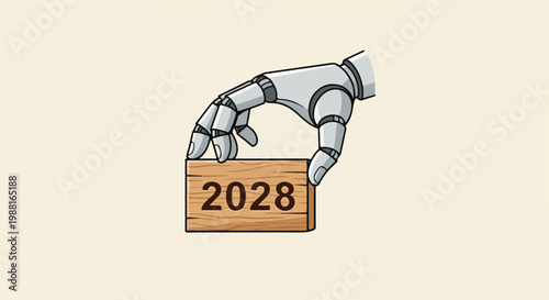 Robotic hand presents a wooden block with the year 2028 inscribed