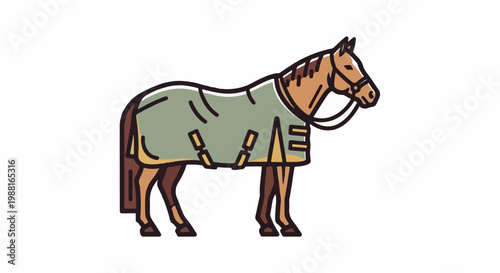 Stylized illustration of a brown horse wearing a green blanket