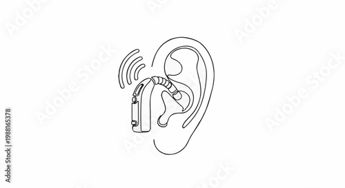 Stylized line drawing of an ear with a hearing aid and sound waves