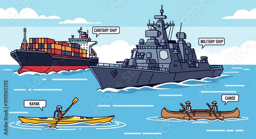 Cargo ship and warship navigate alongside kayaks at sea.