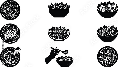 Eine Sammlung von neun schwarz-weißen Symbolen, die verschiedene Salate in Schüsseln und Tellern darstellen.