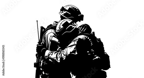 Silhouette of soldier carrying wounded comrade in dramatic black and white high contrast