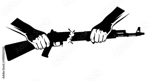 Hands breaking assault rifle into pieces symbolizing gun control and peace movement