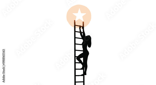 Silhouette of ambitious businesswoman reaching for success star on ladder with motivation and inspiration in modern minimalistic office setting