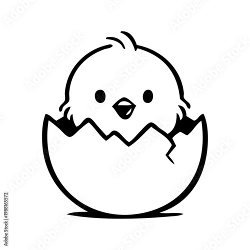 Logotipo con dibujo minimalista con líneas de un pollito adorable saliendo del huevo.