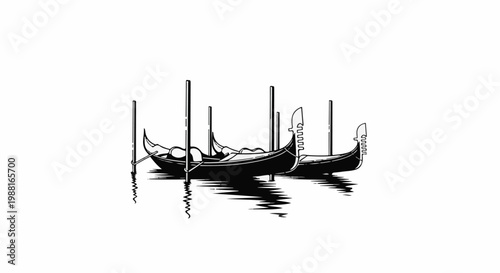 Two ornate boats docked in rippling water with vertical poles