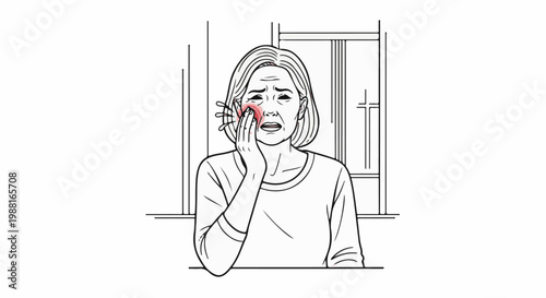 Woman with face pain, hand to cheek, lines indicate discomfort