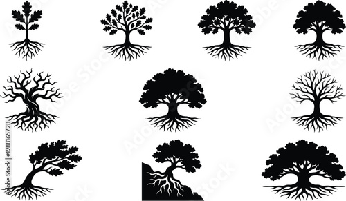 Sammlung von zehn schwarzen Baum-Silhouetten mit sichtbaren Wurzeln auf weißem Hintergrund.