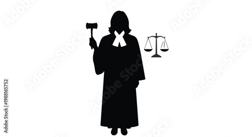 Judge lawyer silhouette holding gavel with scales of justice in black and white law legal concept