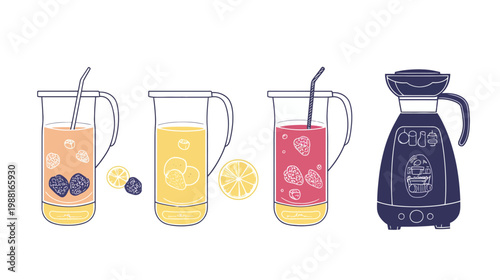 Stylized illustration of drinks and an appliance in a minimalistic, vector-style design
